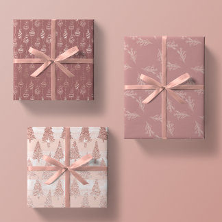 Elegant Rose Gold Glitter Pink Christmas Trio Gift Wrapping Paper Sheet