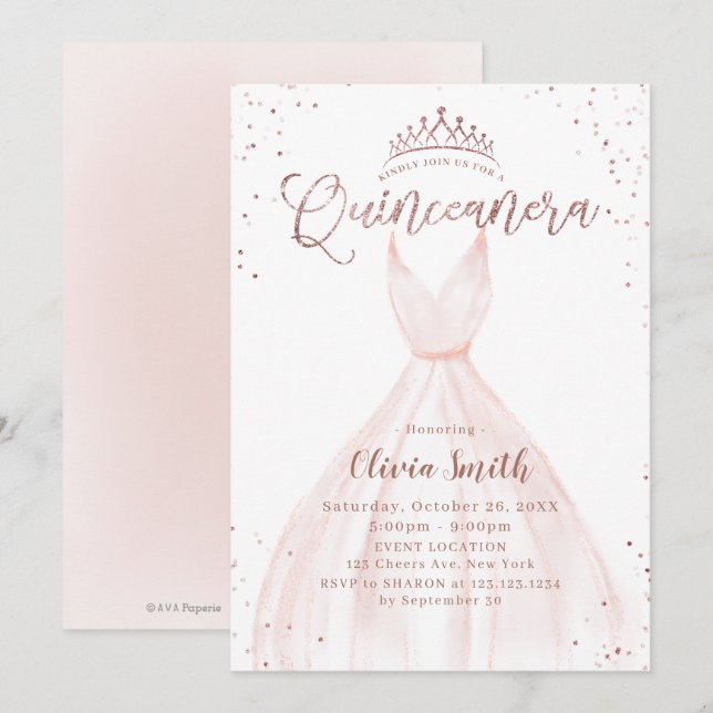 Elegant rose gold glitter pink dress quinceañera i invitation (Front/Back)