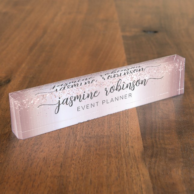 Elegant Rose Gold Glitter Professional Monogram De Nameplate (Side)