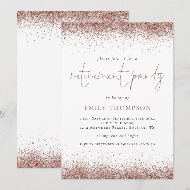 Elegant Rose Gold Glitter Retirement Party Invitation (Front/Back)