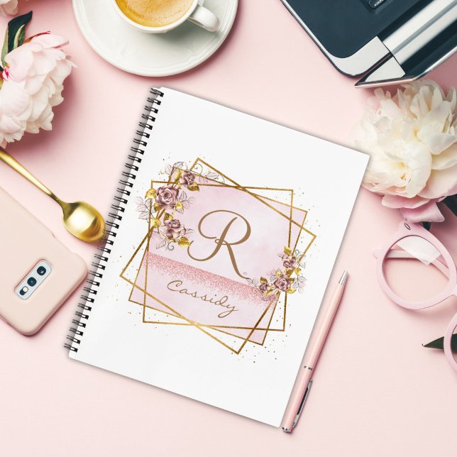 Elegant Rose Gold Glitter Rose Monogram  Notebook (Creator Uploaded)