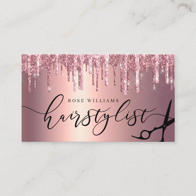 Elegant rose gold glitter scissors hairstylist squ business card (Front)