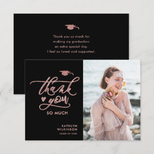 Elegant Rose Gold Glitter Script Photo Graduation Thank You Card