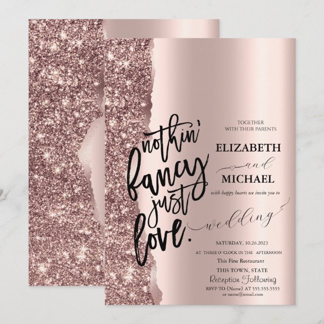 Elegant Rose Gold Glitter Script Wedding Invitation (Front/Back)
