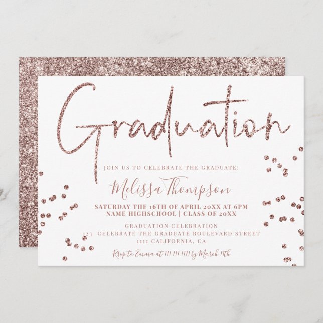 Elegant rose gold glitter script white graduation invitation (Front/Back)
