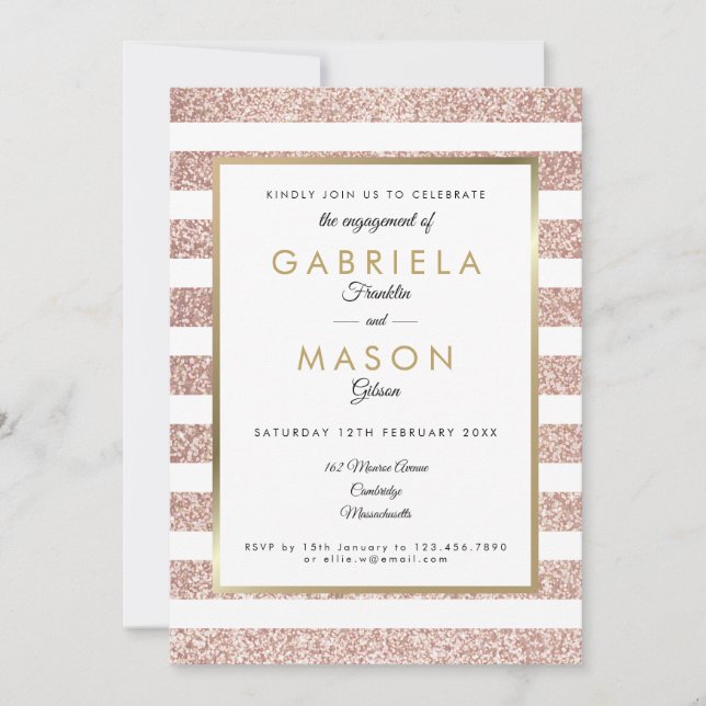 Elegant Rose Gold Glitter Stripe Engagement Invitation (Front)