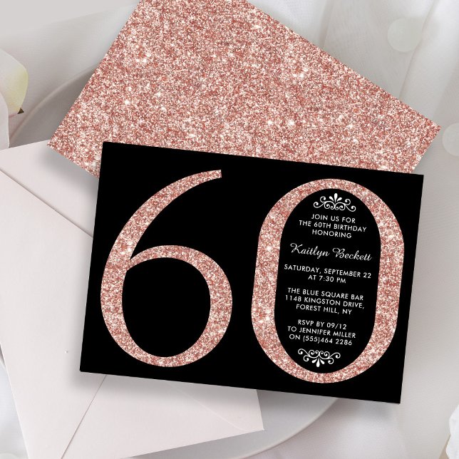 Elegant Rose Gold Glitter Typography 60th Birthday Invitation (Creator Uploaded)