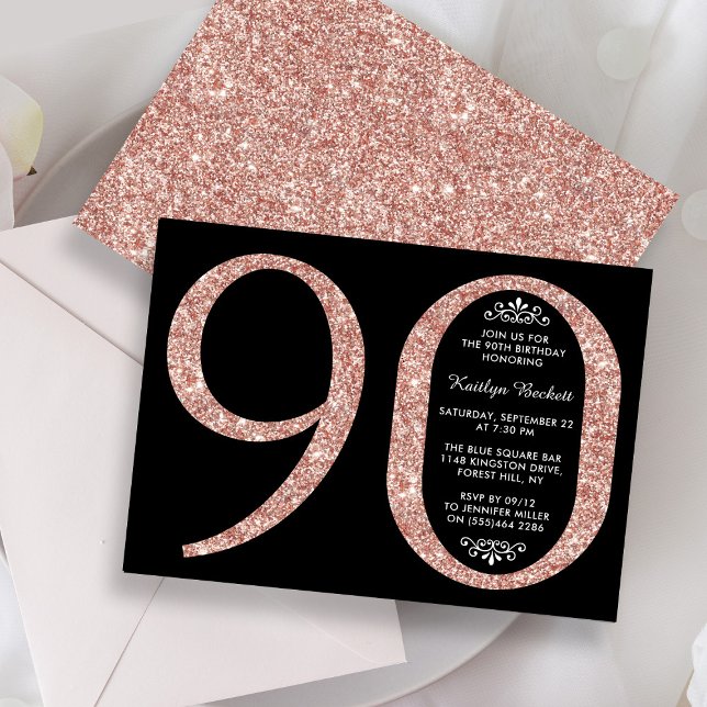 Elegant Rose Gold Glitter Typography 90th Birthday Invitation (Creator Uploaded)