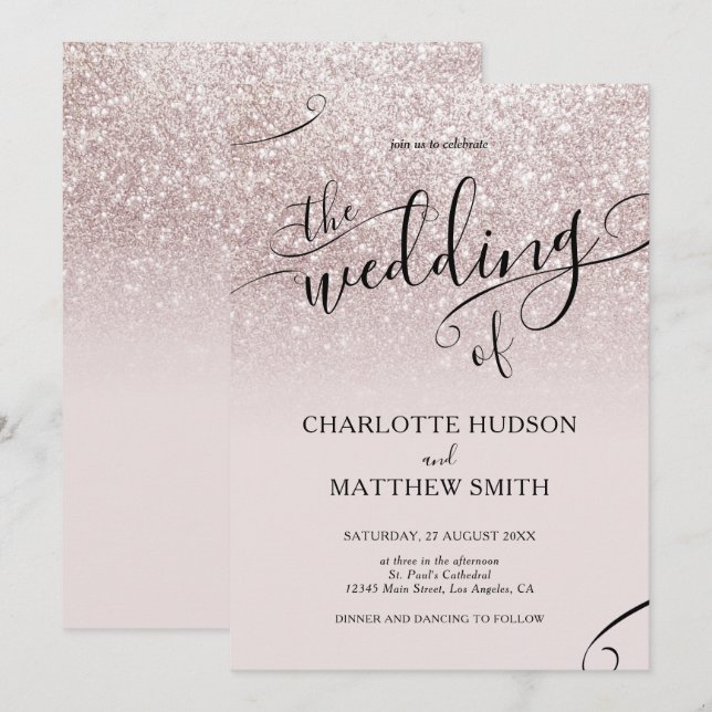 Elegant Rose Gold Glitter Wedding Invitation  (Front/Back)