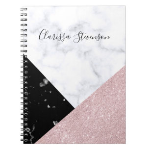 Elegant rose gold glitter white black marble notebook