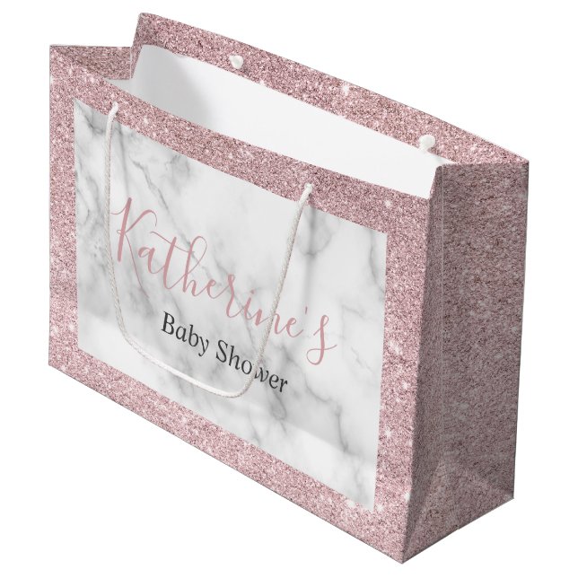 Elegant rose gold glitter white marble baby shower large gift bag (Front Angled)