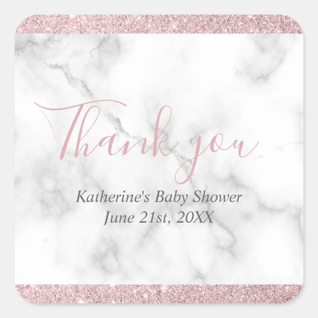 Elegant rose gold glitter white marble baby shower square sticker (Front)