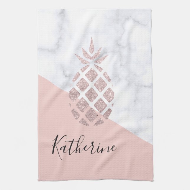 Elegant rose gold glitter white marble blush pink kitchen towel (Vertical)