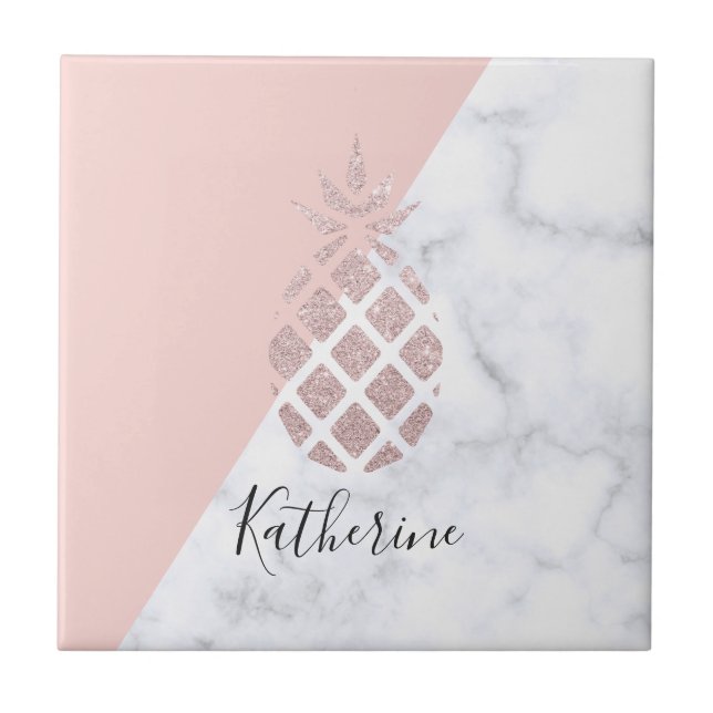 Elegant rose gold glitter white marble blush pink tile (Front)