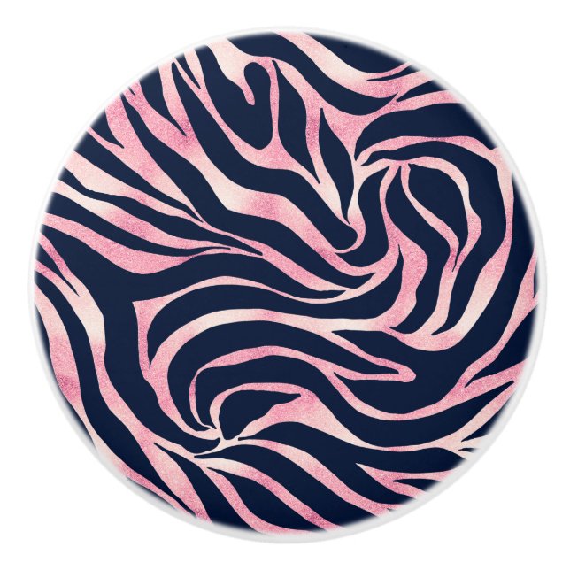 Elegant Rose Gold Glitter Zebra Blue Animal Print Ceramic Knob (Front)