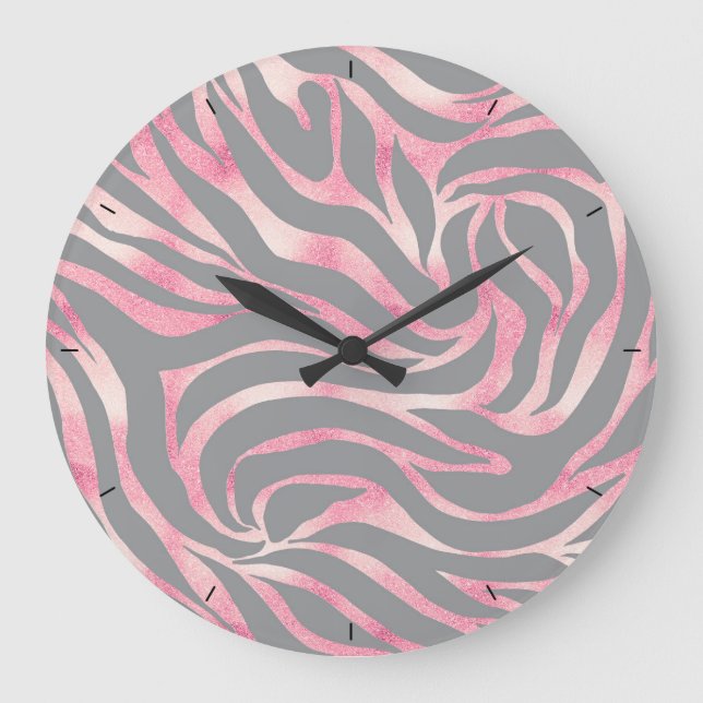 Elegant Rose Gold Glitter Zebra Grey Animal Print Large Clock (Front)