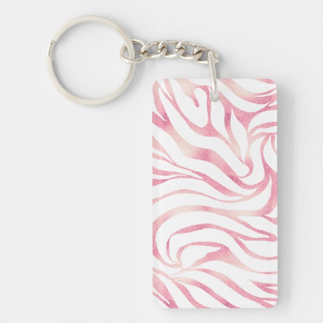 Elegant Rose Gold Glitter Zebra White Animal Print Keychain (Front)