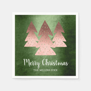 Elegant rose gold & green Merry Christmas tree Napkin