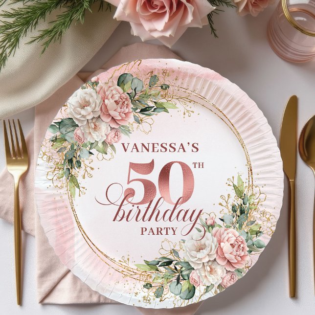 Elegant Rose Gold Greenery 50th Birthday Paper  Paper Plate (Elegant Rose Gold Greenery 50th Birthday Paper Plates)