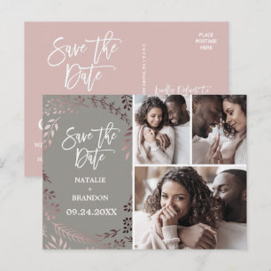 Elegant Rose Gold   Grey 3 Photo Save the Date Announcement Postcard