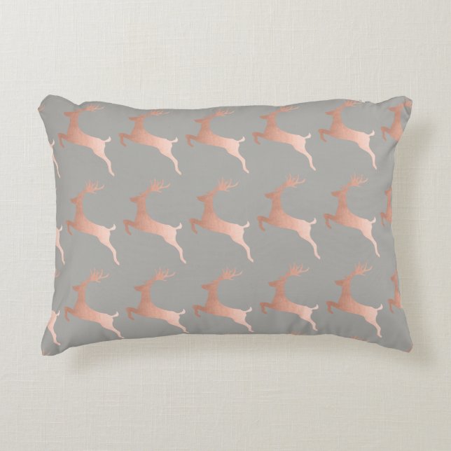 Elegant Rose Gold Grey Christmas Reindeer Pattern Accent Pillow (Front)