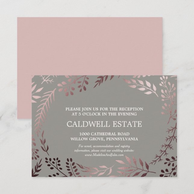 Elégant Rose Gold & Grey Mariage Carte de réceptio (Devant / Derrière)