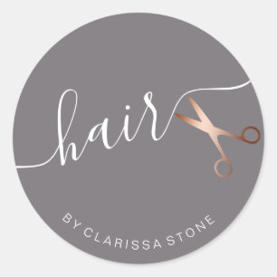 Elegant rose gold & grey scissors hairstylist classic round sticker