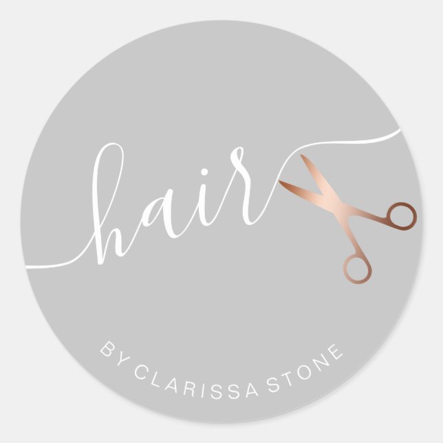 Elegant rose gold & grey scissors hairstylist classic round sticker (Front)
