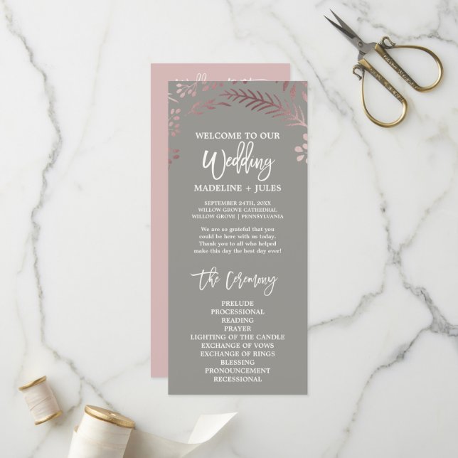 Elegant Rose Gold & Grey Wedding Program (Front/Back In Situ)