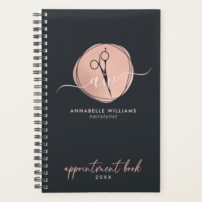 Elegant Rose Gold Hairstylist Appointment Book Planner (Front)