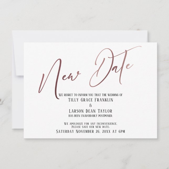 Elegant Rose Gold Handwriting New Date Card (Front)