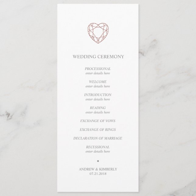 Elegant rose gold heart wedding program (Front)