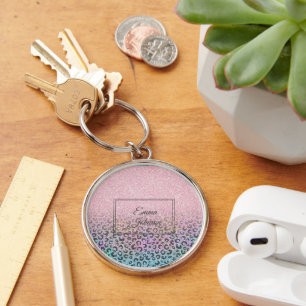 Elegant Rose Gold Iridescent Glitter Leopard Print Keychain