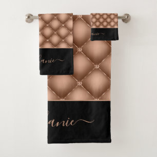 Elegant Rose Gold Jewel Tufted Personalized Bath Towel Set