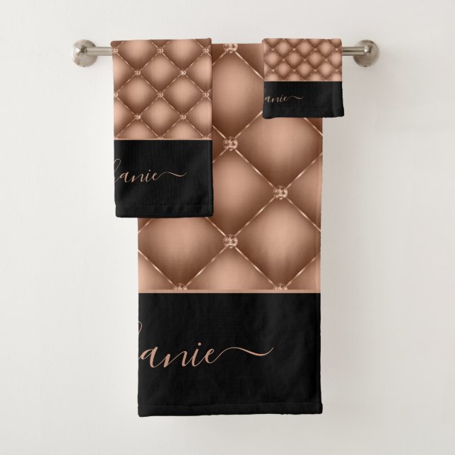 Elegant Rose Gold Jewel Tufted Personalized Bath Towel Set (Insitu)