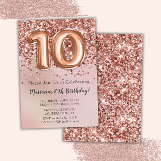 Elegant Rose Gold Kids Girl 10th Birthday Party Invitation