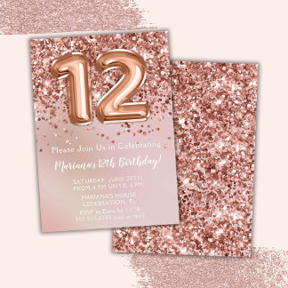 Elegant Rose Gold Kids Girl 12th Birthday Party Invitation