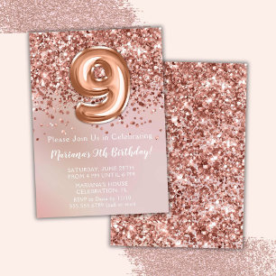 Elegant Rose Gold Kids Girl 9th Birthday Party Invitation