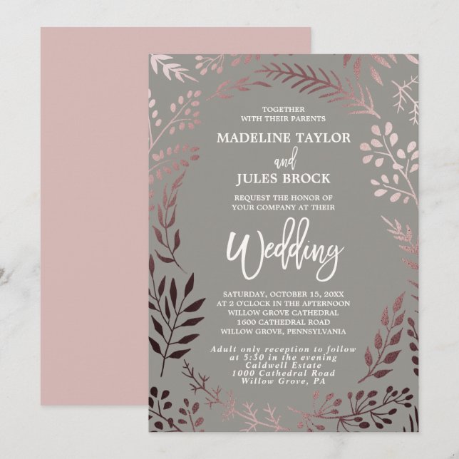 Elegant Rose Gold Leafy Frame Wedding & Reception Invitation (Front/Back)