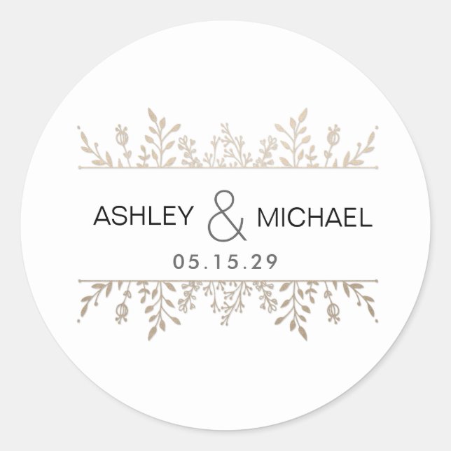 Elegant Rose Gold Leafy Frame Wedding Sticker (Front)