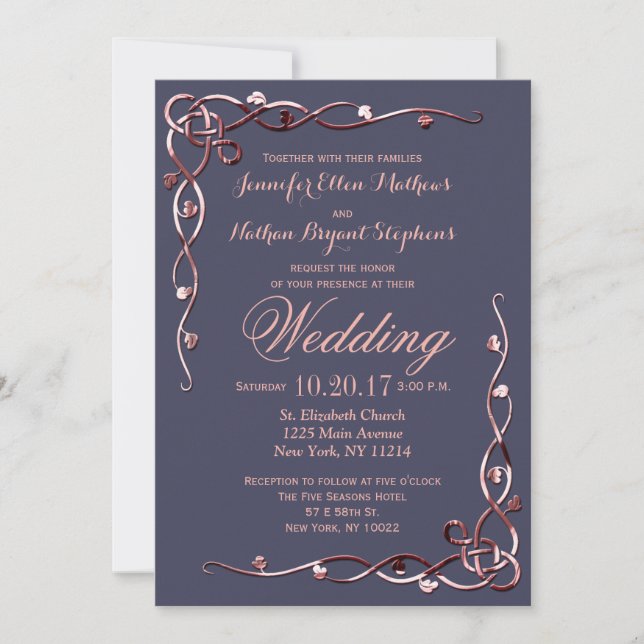 Elegant Rose Gold Leafy Vines on Navy Blue Invitation (Front)