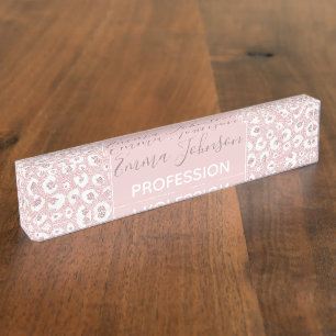 Elegant Rose Gold Leopard Print White Pattern Nameplate