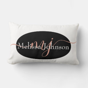 Elegant Rose Gold lettering on Black Lumbar Pillow