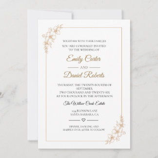 Elegant Rose Gold Line Art Floral Wedding Invitation