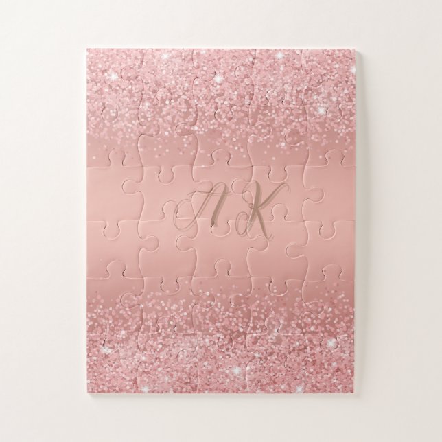 Elegant Rose Gold Luxe Shimmer Monogram Jigsaw Puzzle (Vertical)