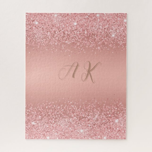 Elegant Rose Gold Luxe Shimmer Monogram Jigsaw Puzzle (Vertical)