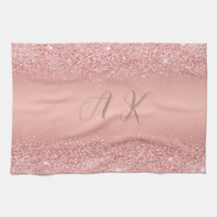 Elegant Rose Gold Luxe Shimmer Monogram  Kitchen Towel