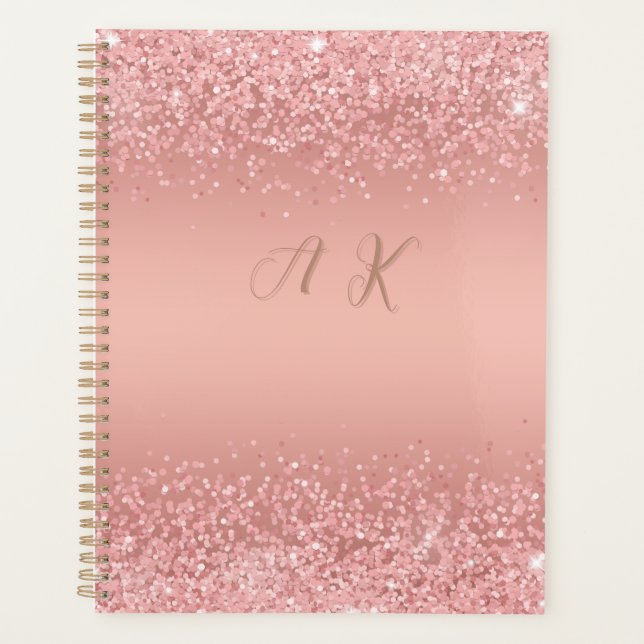 Elegant Rose Gold Luxe Shimmer Monogram Planner (Front)