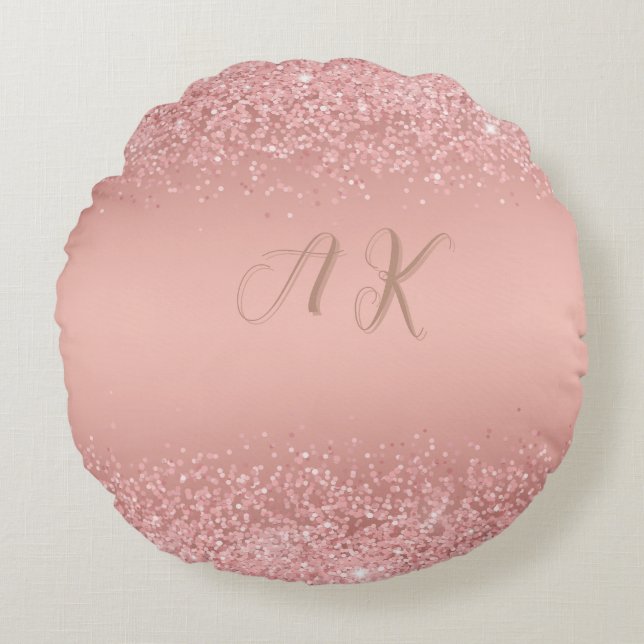Elegant Rose Gold Luxe Shimmer Monogram  Round Pillow (Front)