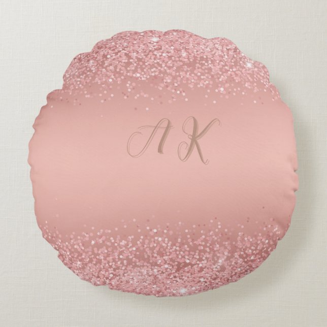 Elegant Rose Gold Luxe Shimmer Monogram  Round Pillow (Front)